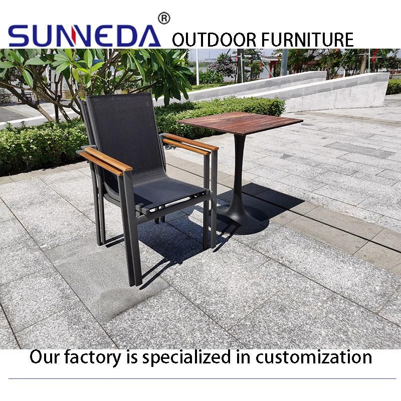 Luxury Outdoor Garden Furniture Leisure Table and Chair Set with Wood Armrest Stackable
