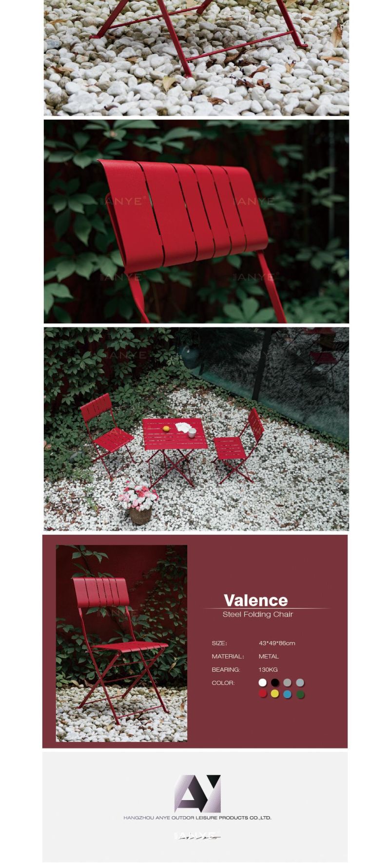 Durable Solid Steel Slats Design Red Folding Side Dining Chair Outdoor Balcony Furniture