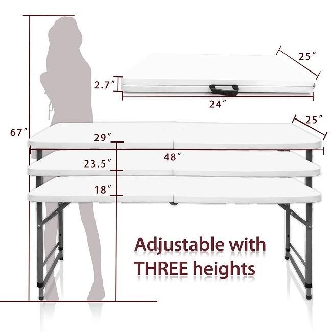 4FT Outdoor Camping White Lightweight Plastic Height Adjustable Folding Tables