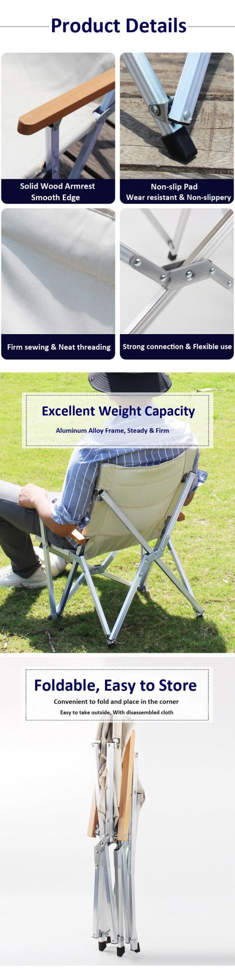 Aluminium Light Folding Camping Chair Relax Fishing Hiking Chairs with Solid Wood Armrest