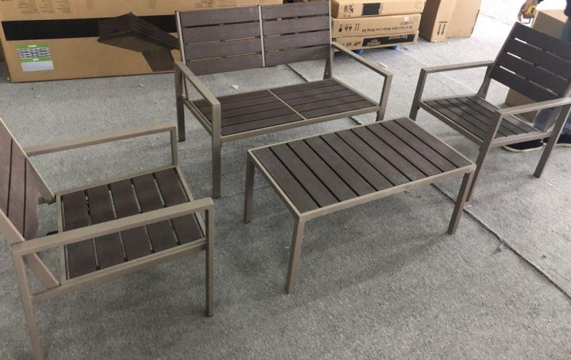 PE Metal Steel Wood Grain Patio PE Steel Lounger and Coffee Sets in Cuppchino off White Anthracite Color Coffee Table Set in Modern Furniture