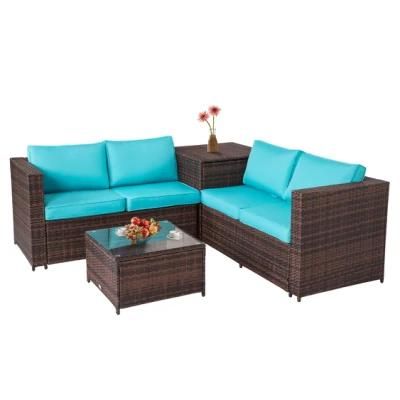 4 PCS Outdoor Dark Brown All-Weather Rattan Wicker Patio Loveseat Sofas Blue Cushion Seat Set Lawn Furniture with Storage Table