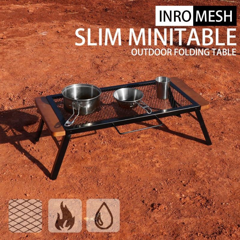 Outdoor Anti-Scalding Wooden Handle Camping Barbecue Iron Table Convenient Folding Net Camping Table