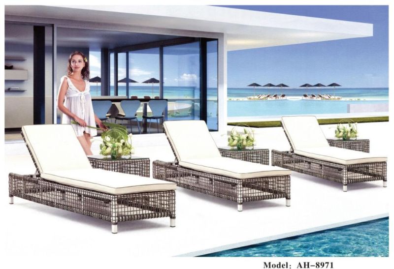 Adjustable Patio Outdoor Furniture Rattan Wicker Chaise Lounge Chair Sofa Couch Bed with Turquoise Cushion-2 PCS Chaise Lounge and a Table