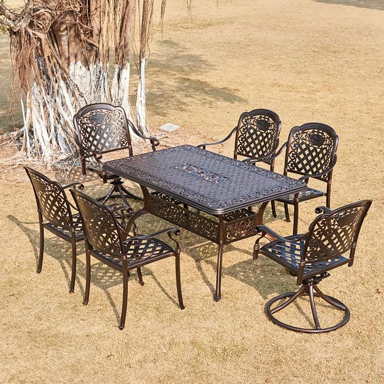 6 Seaters Cast Aluminum Fire Pit Patio Dining Set BBQ for Garden