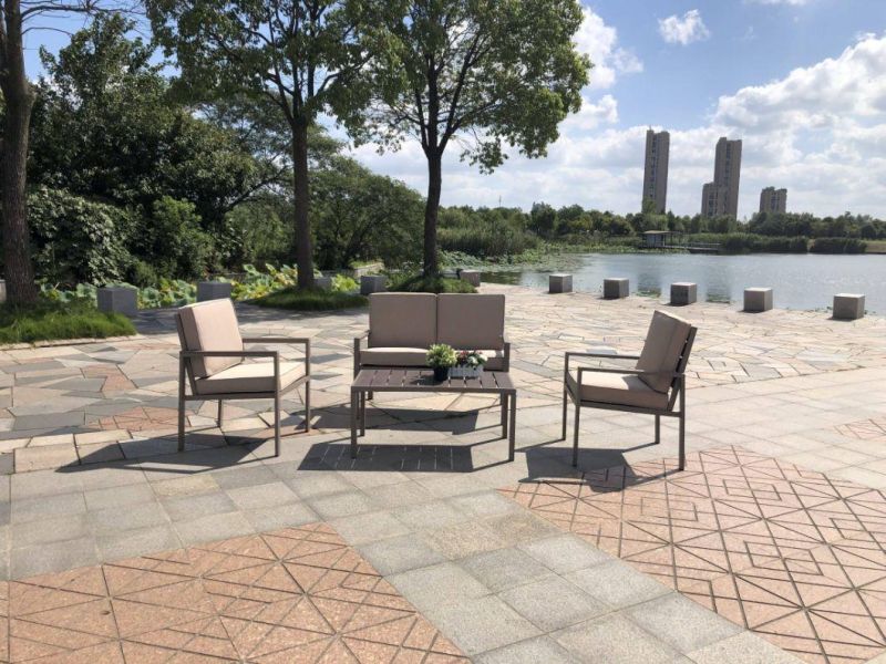 Plastic Patio Wood Grain Coffee Sets in 4 Seater in 1 Converstation Sets in Wooden Furniture Garden Outdoor Camping Patio Hotel Used for Camping Leisure Sofa