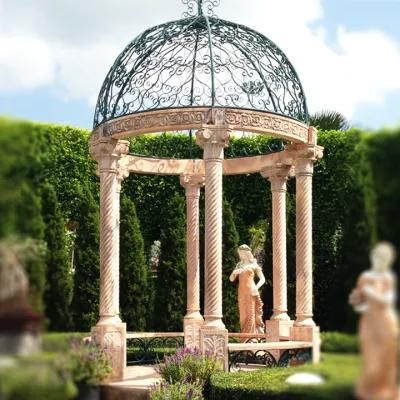 Sunset Red Marble Gazebo with Columns and Balustrade for Garden Decoration