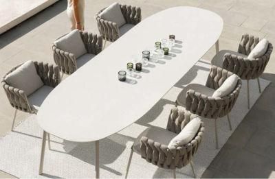 New Arrive Anti-Proof Hotel Outdoor Furniture Home Garden Use 6 People Villa Dining Chair Table Set in Rattan Rope Frame Aluminium Leg