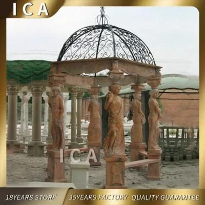 Large Natural Red Marble Gazebo with Women Statue Columns