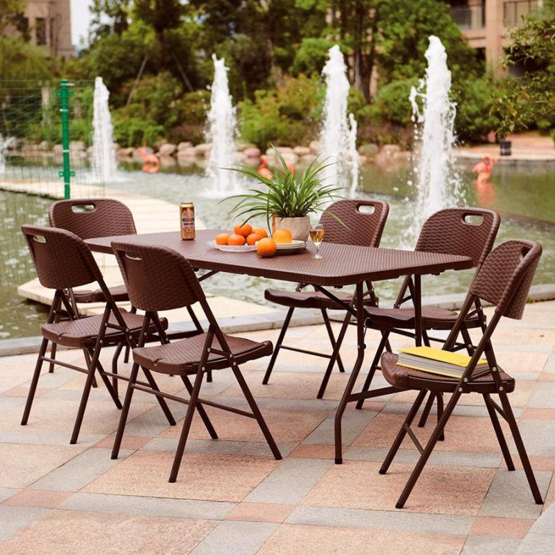 Black Brown 6FT Rectangle Portable Fold-in-Half Plastic Rattan Folding Table