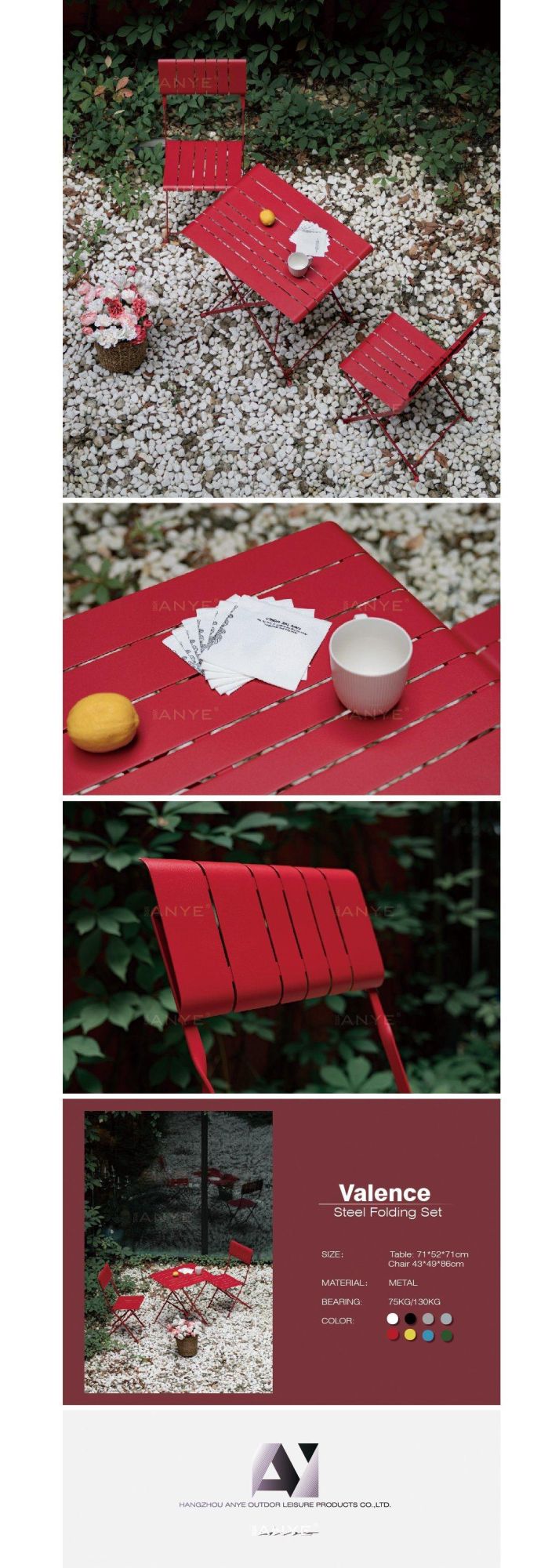 Rust Resistant Steel Slats Red Garden Furniture Dining Table Folding Chair Wedding Furniture
