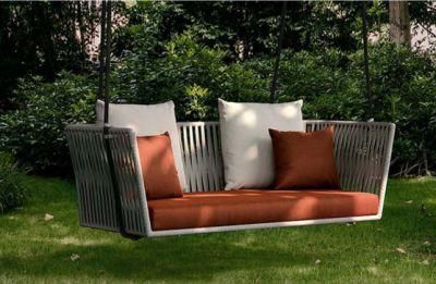 Home Patio Garden Furniture Hotel Villa Double Rectangular Wicker Rattan Swing Hanging Leisure Chair with Metal Stand