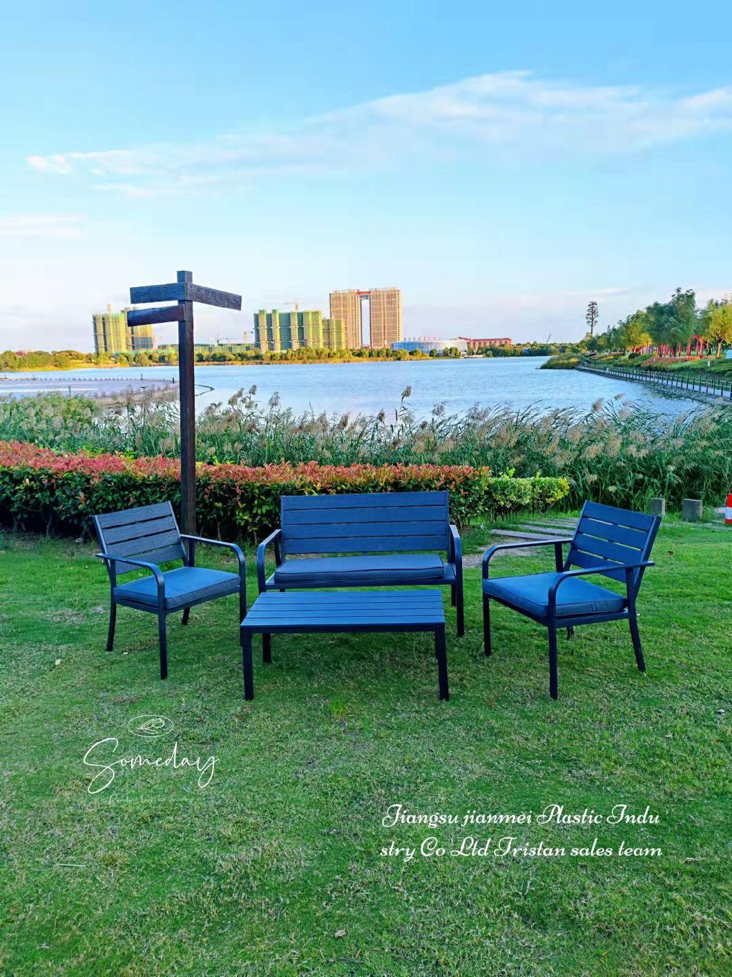 Outdoor Hot Sale Wholesales Modern Style Steel Frame Furniture PE Plastic Wooden Grain Coffee Color Patio Sofa Set in Garden Coffee Table and Chair in Talk