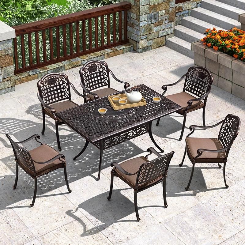 6 Seats Black Garden Dining Table Set Cast Aluminum Outdoor Furniture Metal Patio Furniture