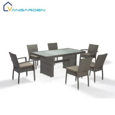 7PCS Rectangular Garden Rattan Table and Chair Set with Tempered Glass Top