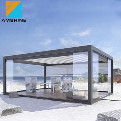 Garden Shade Aluminium Gazebo Outdoor Remote Control Opening Louvered Roof Motorized Pergola with Glass Door