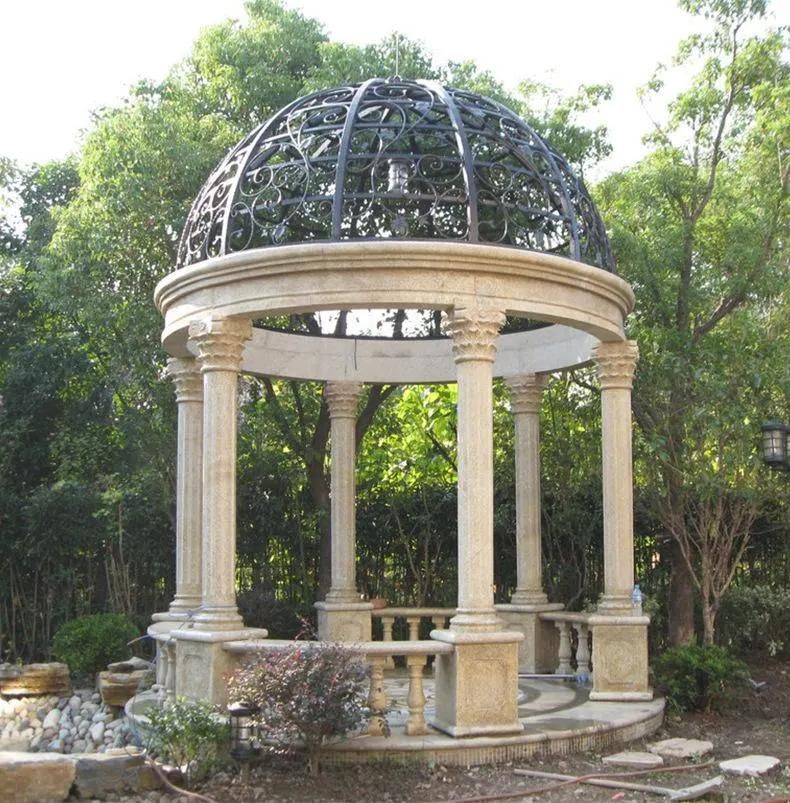 Western Style Garden Travertine Pavilion Column Gazebo with Iron Cover