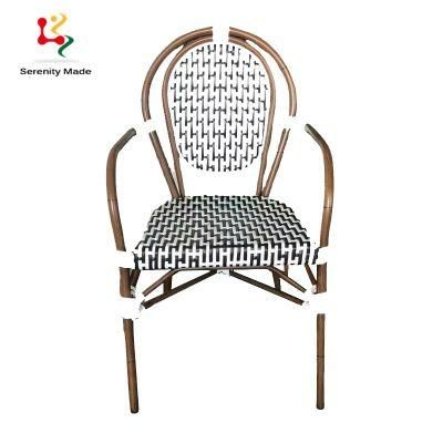 New Arrival Restaurant Cafe Coffee Shop Outdoor Bistro Rattan Aluminium Frame Dining Chair with Armrest