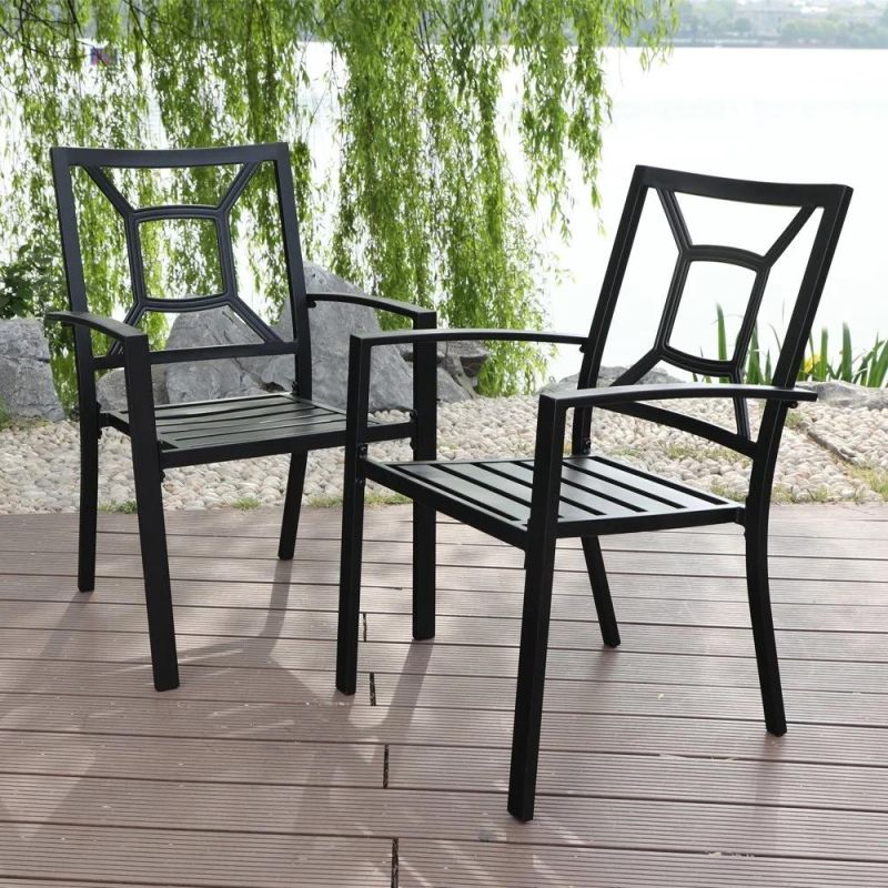 Patio Metal Arm Chairs Indoor Outdoor Dining Chairs Set with Square Back - 2 Pack, E-Coating Black