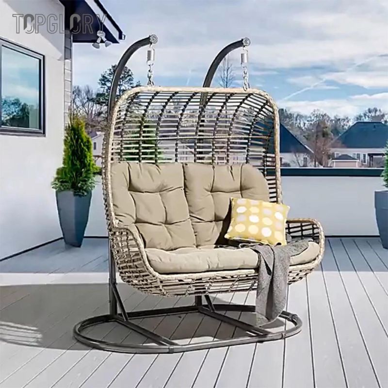 Double Wicker Patio Hammock Outdoor PE Rattan Garden Hanging Swing Chair