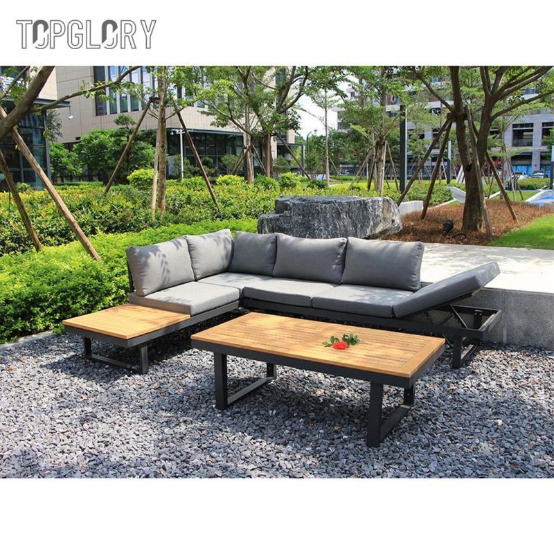 Aluminum Frame Outdoor Teak Sectional Corner Sofa with Side Coffee Table