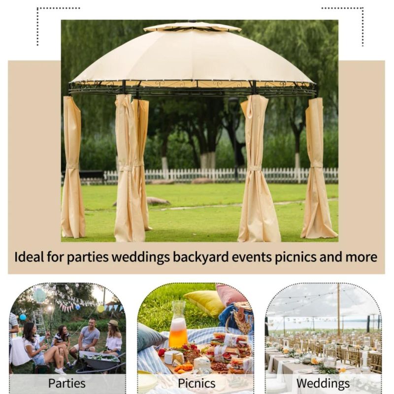 Solar LED Round Gazebo Tent 11*11FT Outdoor Patio Steel Frame