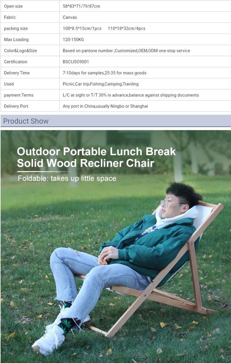 Wholesale Outdoor Furniture Garden Folding Canvas Deck Chair Lounge Solid Wood Beach Chair for Camping