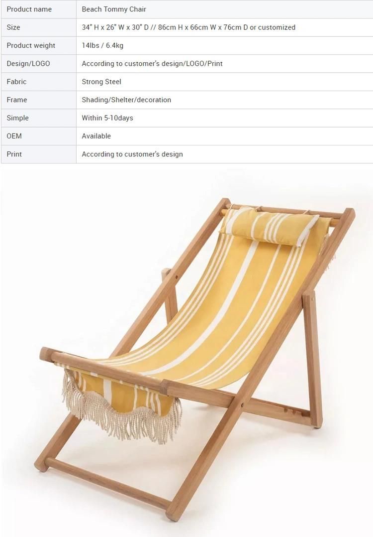 Adjustable Height Foldable Wooden Beach Chair with Pillow Red Stripe Pattern Moon Chair