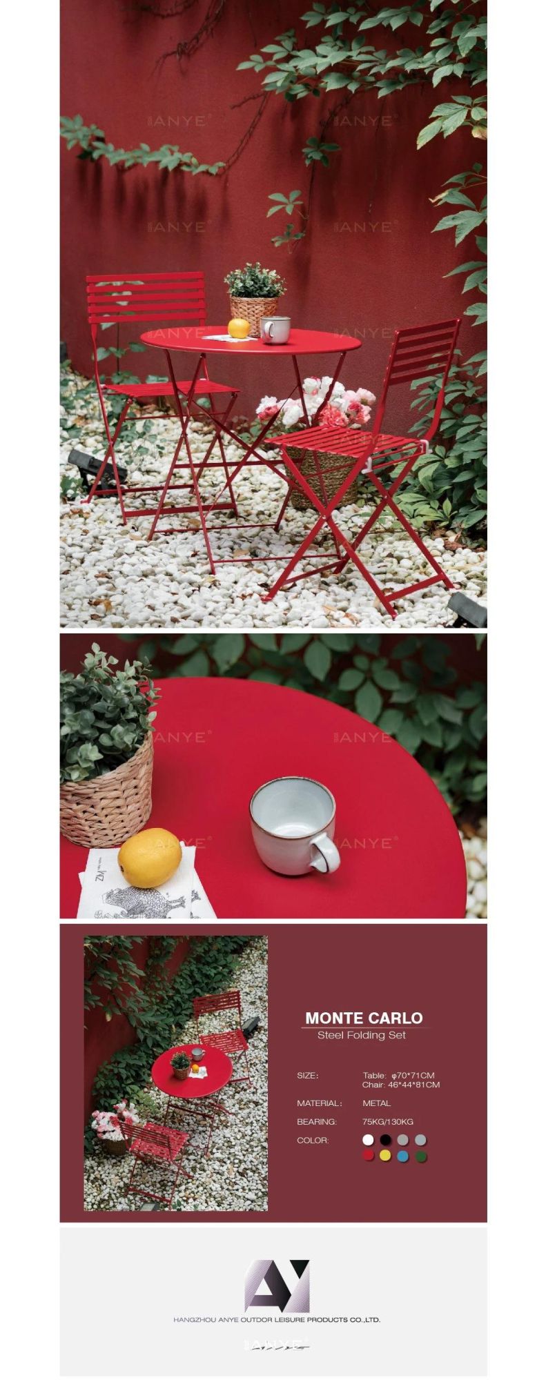Red Metal Outdoor Furniture Portable Round Dining Table and Folding Chair with Powder Coated