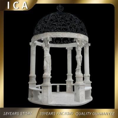 Round Shape White Marble Gazebo with Statue for Outdoor Decorarion