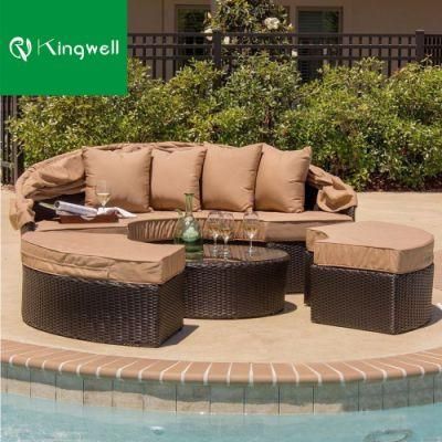 Popular Design Patio Outdoor Sun Lounger Wicker Rattan Round Daybed with Ottoman Garden Furniture