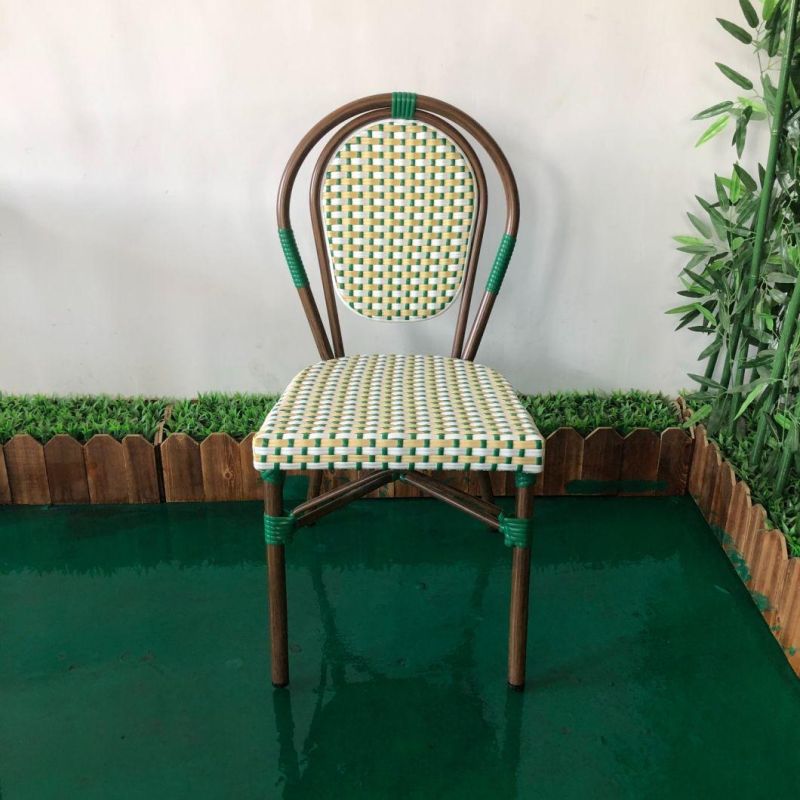 New Outdoor Furniture French Style Stackable Aluminum Dining Chair PE Rattan Woven Bistro Chair