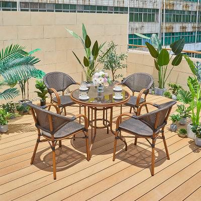 Wholesale Hotel Paris Handmade Stacking Armless French Aluminum Rattan Bamboo Bistro Dining Chairs and Table