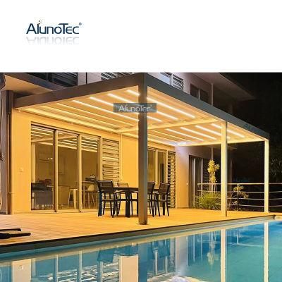AlunoTec Customized Garden Pergolas Waterproof Awning Outdoor Fashion Modern Metal Pergola with Led Lights