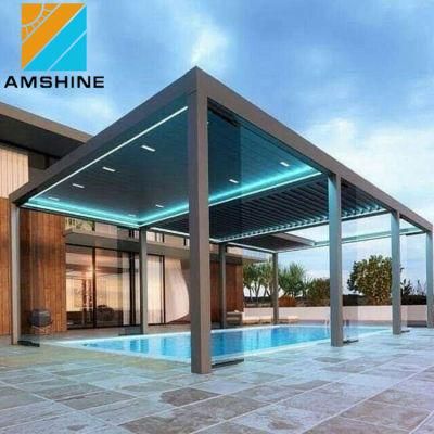 Customize Restaurant Cafe Outdoor Waterproof Sunshade Adjustable Louver Roof Motorized Aluminium Pergola with LED Lights