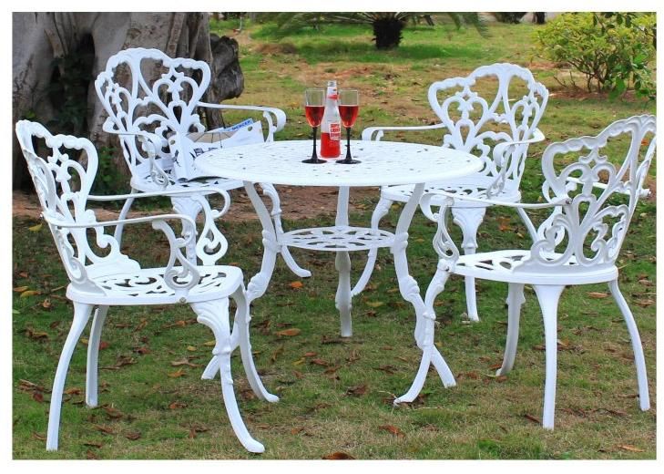 Outdoor Patio Garden Cast Furniture Sets, Bistro Dining Table and Chair Sets in White Color