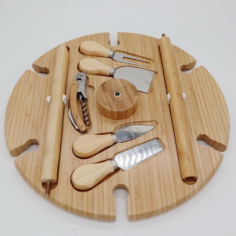 Bamboo Wood Outdoor Wine Table Picnic Table Beach Table with Knife Set for Camping Snacks and Fruits