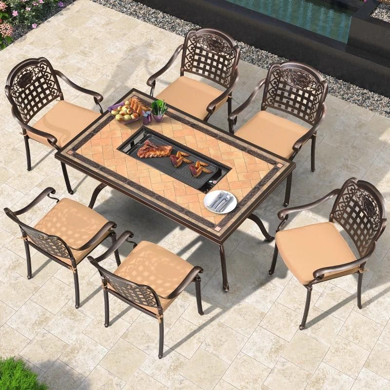 6 Seats Black Garden Dining Table Set Cast Aluminum Outdoor Furniture Metal Patio Furniture