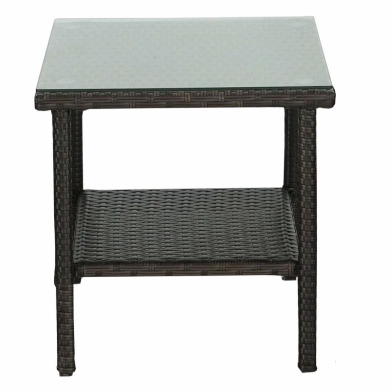 Rattaner Outdoor 3 Piece Wicker Rocking Chair Set Patio Bistro Set Conversation Furniture-2 Rocker Chair and Glass Coffee Side Table-& Blue Cushion