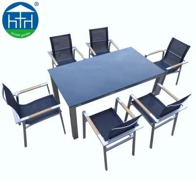 Outdoor Modern Brush Aluminum Table with Teak Wood Arm Chair