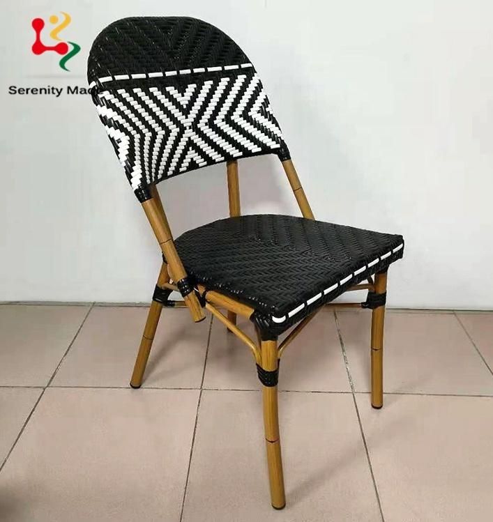 Restaurant Furniture Outdoor Use Coffee Shop Cafe Black and White Pattern Aluminium Frame PE Rattan Dining Chair