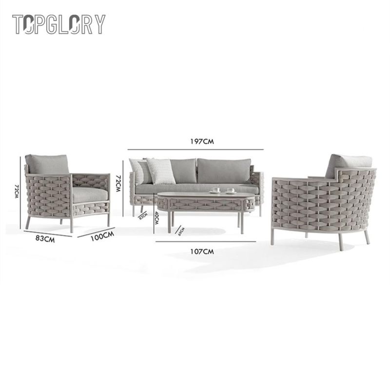 Modern Home Furniture Commercial Hotel Aluminum Outdoor Rope Leisure Sofa Set with Coffee Table