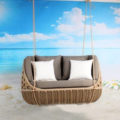Leisure Courtyard Aluminum Wide PE Wicker Double Garden Hanging Swing Chairs Outdoor Furniture with Cushion