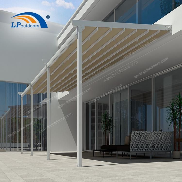 White Wall Mounted Awning Powder Coated Retractable Roof System Gazebo Attached to House