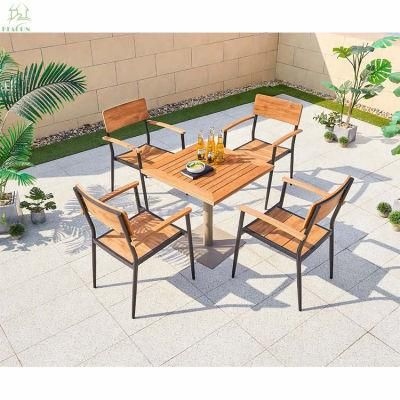Outdoor Plastic Wood Top Patio Dining Chair with Aluminum Frame Leisure Bistro Chair with Table Set