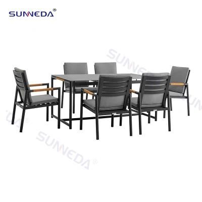 Garden Hotel Patio Aluminum Frame Teak Wood Arm Chair Dining Table Set