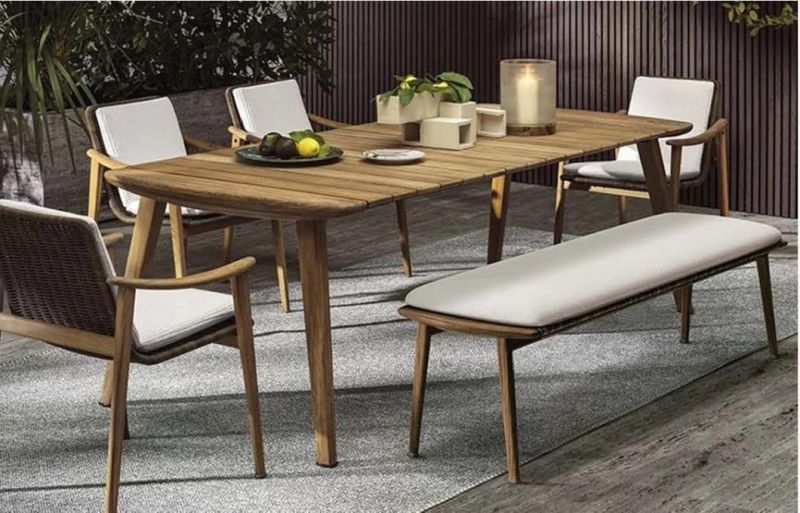 Hotel Outdoor Furniture 6 Seater Extra Large Patio Teak Table Chair Villa Wooden Dining Furniture Garden Rattan Leisure Chair Set