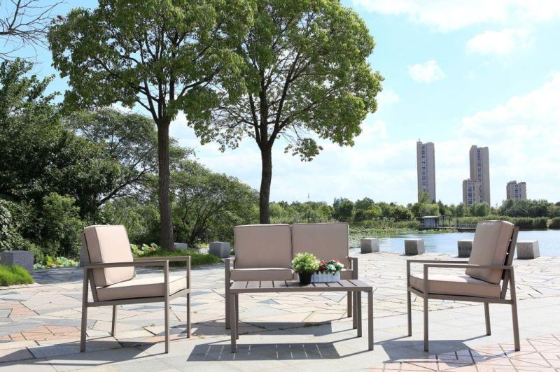 Plastic Patio Wood Grain Coffee Sets in 4 Seater in 1 Converstation Sets in Wooden Furniture Garden Outdoor Camping Patio Hotel Used for Camping Leisure Sofa