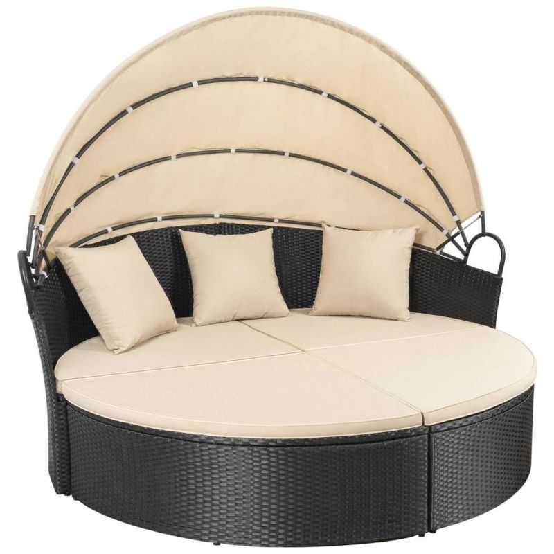 Outdoor Patio Round Daybed with Retractable Canopy Rattan Furniture Sectional Seating with Washable Cushions for Patio Backyard Porch Pool Patio Daybed Separate