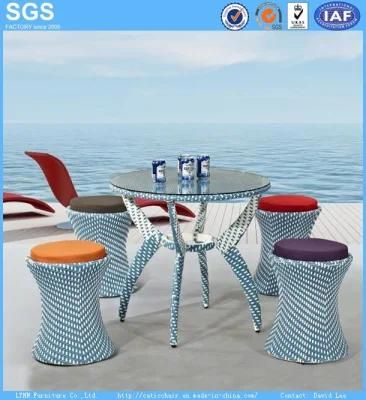 Round Dining Table Set Blue Color PE Rattan Weaving Furniture Garden Furniture